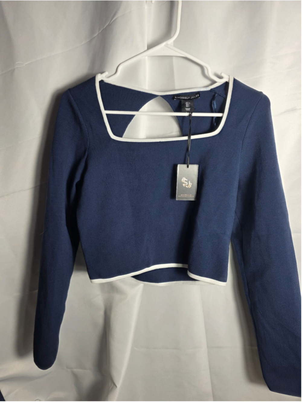 Women's Sincerely Jules Crop Top Size L Blue White Long Sleeve Casual officewear